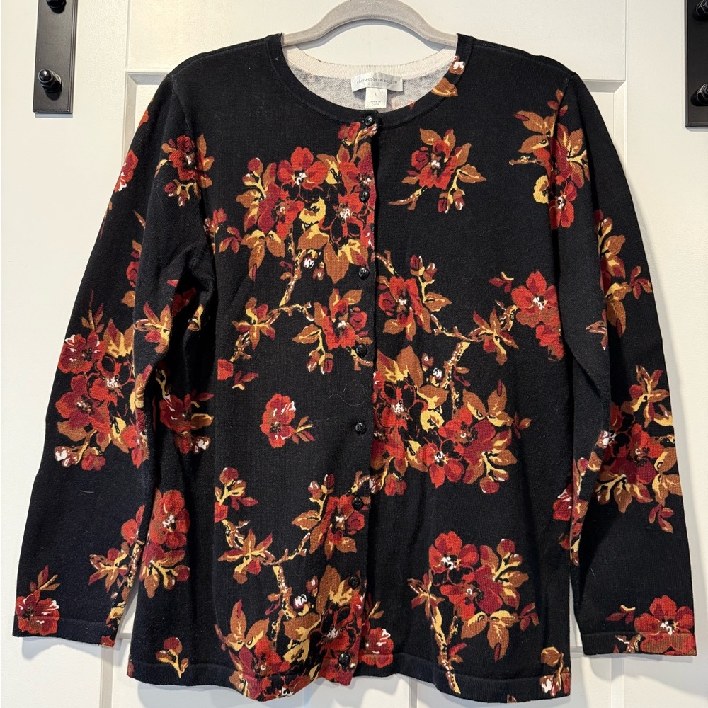 Christopher & Banks Black Cardigan with Orange and Brown Floral Design Sz Large